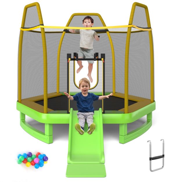 2026 Trampoline Extérieur Ø 223cm avec Toboggan&Echelle avec Filet de Sécurité 2 Portes en U Charge 270kg pour 2-3 Enfants de 3 Ans+ Bleu/Vert