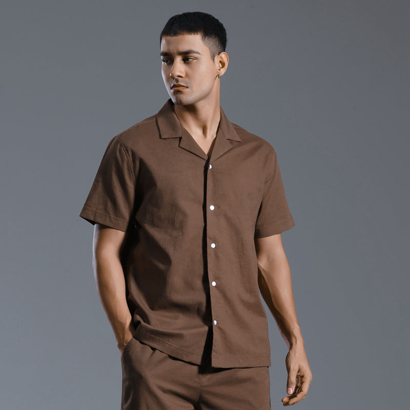 Chemise col cubain en coton et lin manches courtes été décontracté pour homme