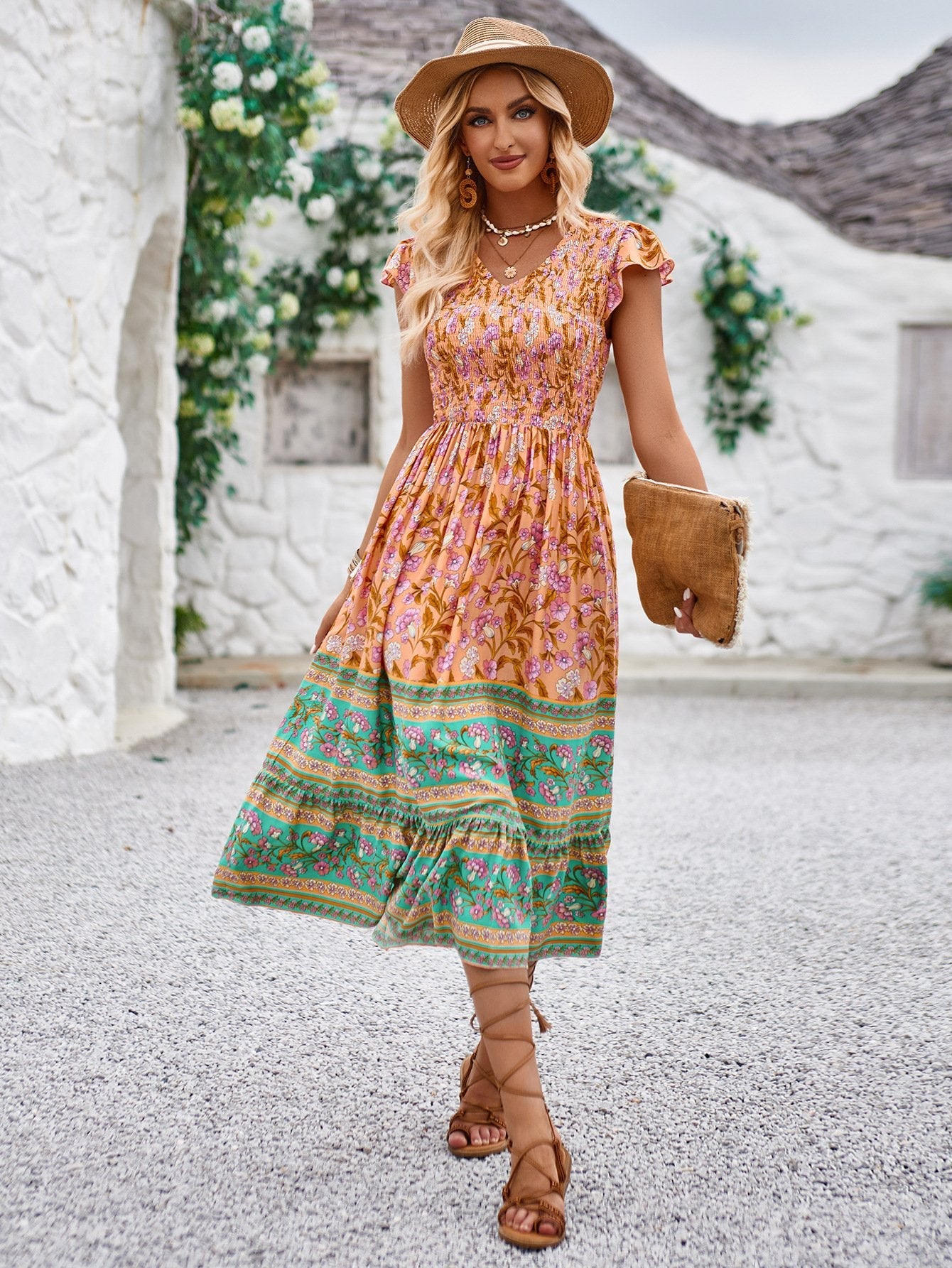 Robe fleuri col V à volants sans manches bohemian été plage pour femme