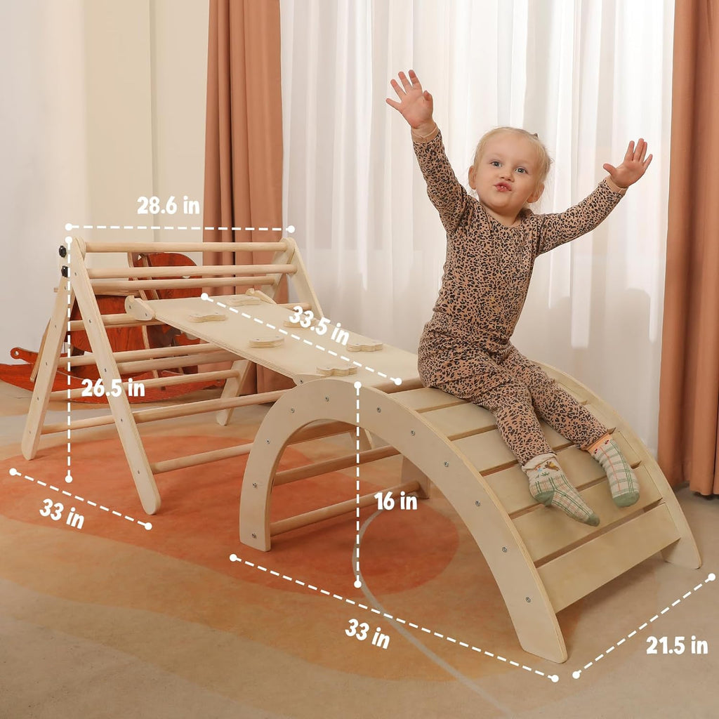2026 Dreieck-Set mit Kissen, 5-in-1 Montessori-Kletterset, faltbar, Kletter-Indoor-Spielplatz-Set für Kleinkinder, Holz-Kletterspielzeug mit Rampe und Kletterbogen für Kinder (Holzfarbe)