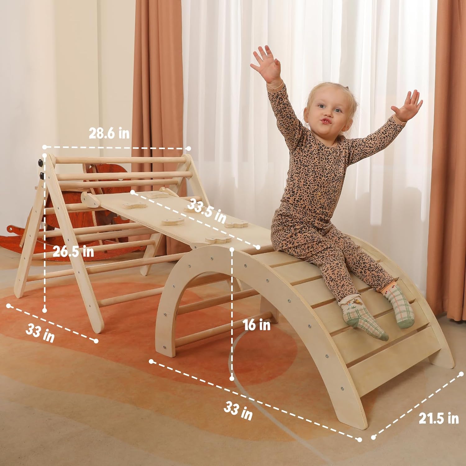 2026 Dreieck-Set mit Kissen, 5-in-1 Montessori-Kletterset, faltbar, Kletter-Indoor-Spielplatz-Set für Kleinkinder, Holz-Kletterspielzeug mit Rampe und Kletterbogen für Kinder (Holzfarbe)