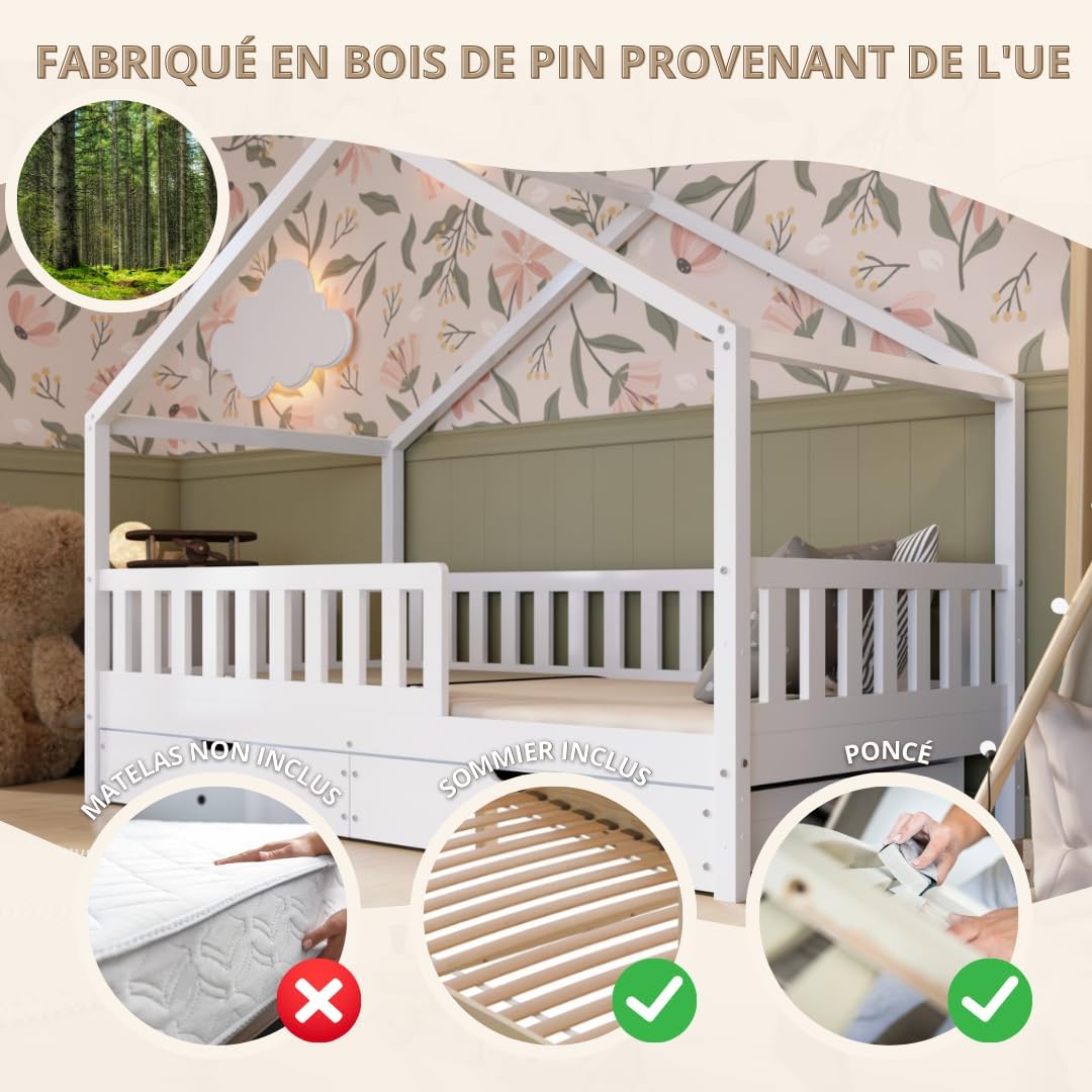 2026 Lit cabane Crazy Pine Crazy House avec tiroirs 190 x 90 cm &ndash; Lit enfant en bois naturel avec barri&egrave;re &ndash; Lit Montessori au sol avec rangement suppl&eacute;mentaire et barri&egrave;re amovible