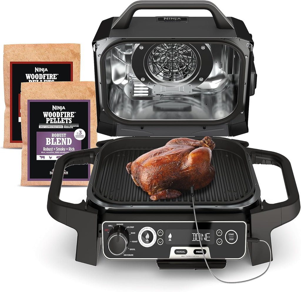 2026 Ninja Woodfire Pro Gril et fumoir 7 en 1 avec thermomètre, friteuse à air, barbecue, pâtisserie, grillades, grillades, barbecue électrique portable pour extérieur, gris