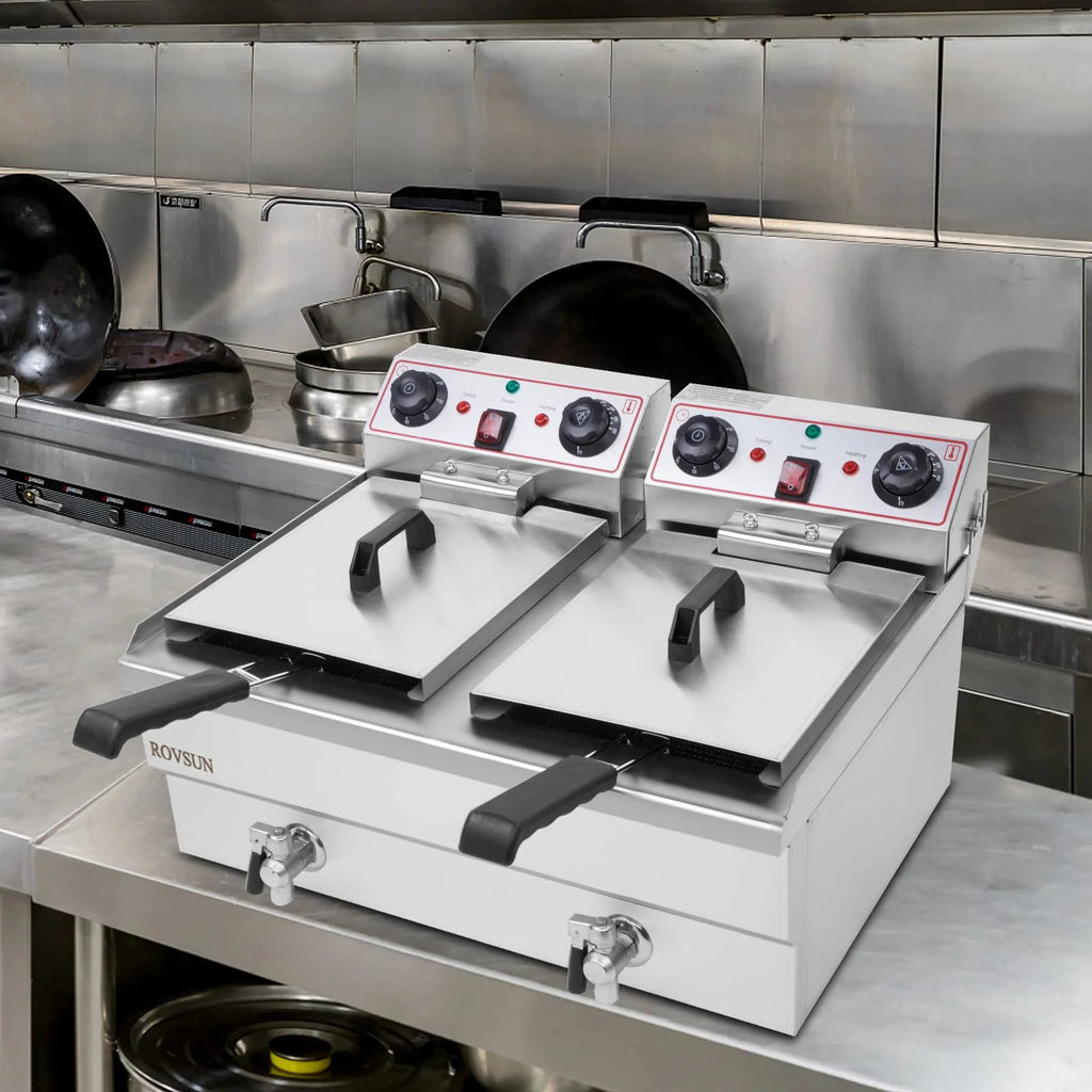 2026 24.9 QT 110V 3400W Double Tank Electric Deep Fryer with Timer & Oil Drain