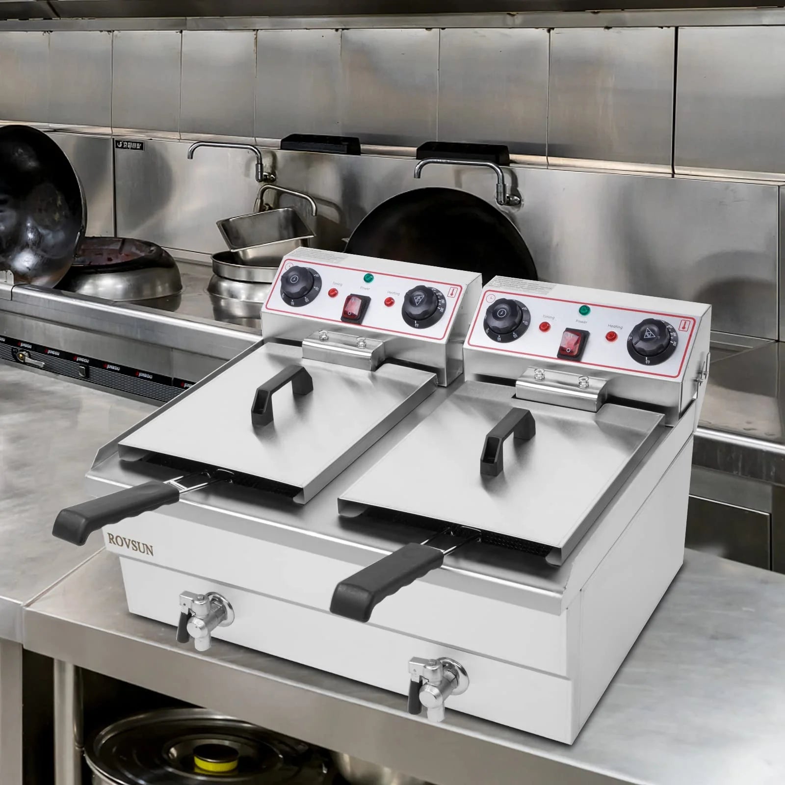 2026 24.9 QT 110V 3400W Double Tank Electric Deep Fryer with Timer & Oil Drain