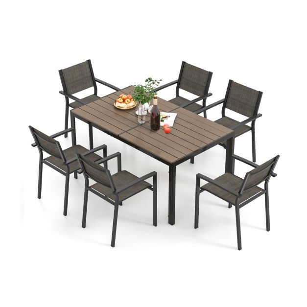 2026 Ensemble de Meubles de Patio 7 Pièces pour 6 Personnes Salon de Jardin avec 6 Chaises Empilables et Table Rectangulaire Gris