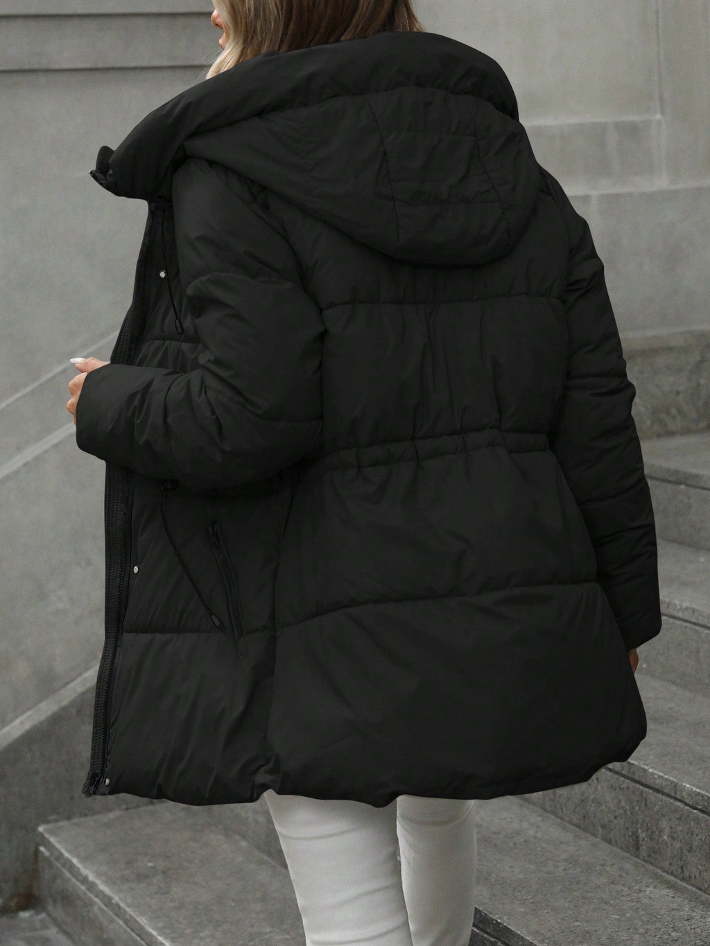 Manteau à capuche matelassé mi-long longueur hiver réglable waist chaud pour femme
