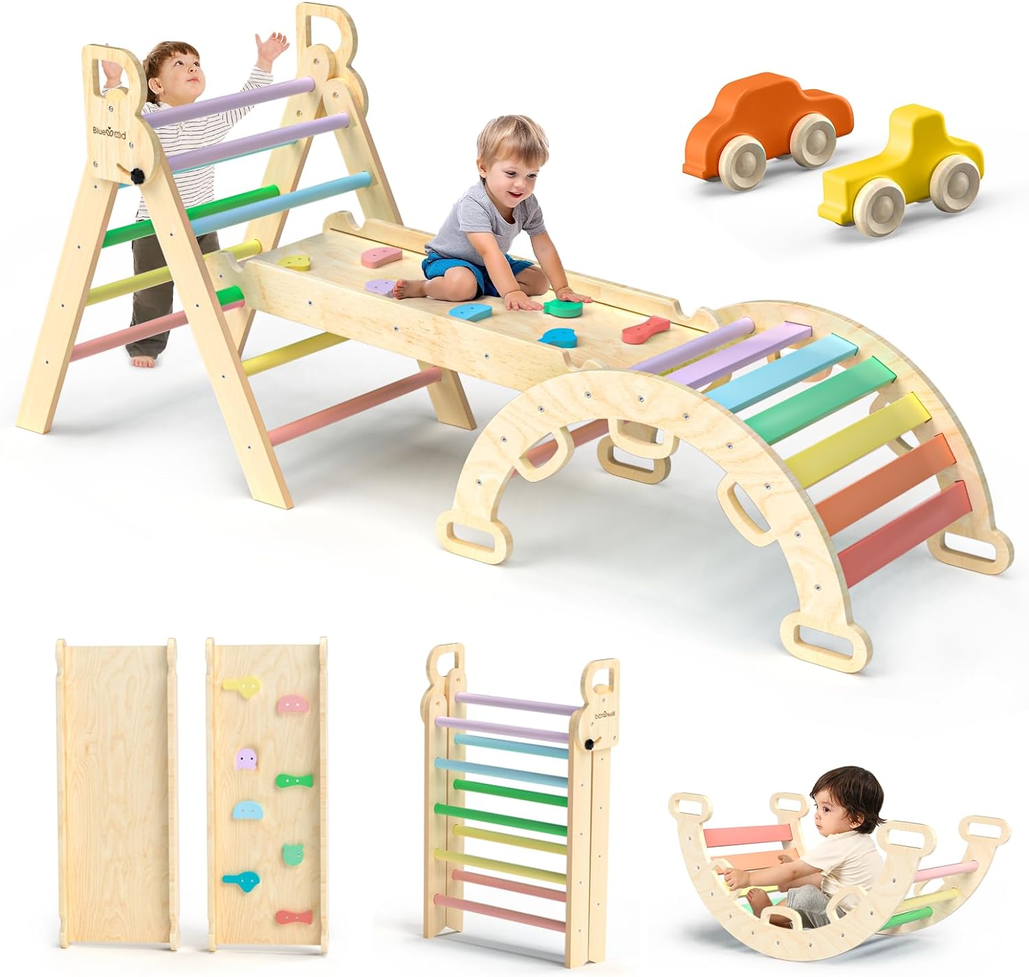 2026 Pikler-Dreieck-Set, 7-in-1, faltbares Baby-Kletterspielzeug, hölzernes Montessori-Kletterset mit Bogen, Rampe und Leiter, Baby-Klettergerät, Indoor-Klettergerüste für Kleinkinder, Montessori-Spielzeug – Regenbogen
