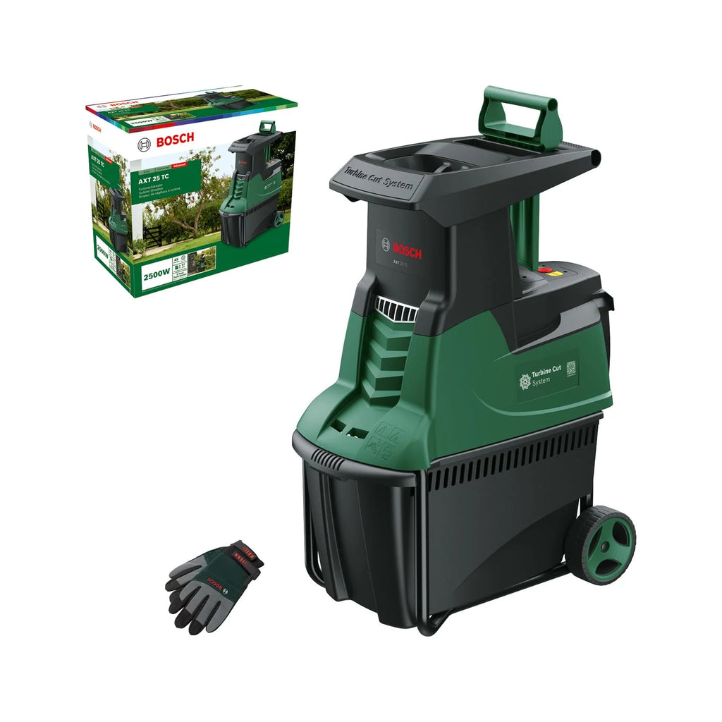 2026 2025 Broyeur à turbine Bosch AXT 25 TC (2 500 W; adapté pour le bois et les déchets de jardin durs; avec gants de jardin; bac de collecte intégré 53 l; dans une boîte) – Édition Amazon