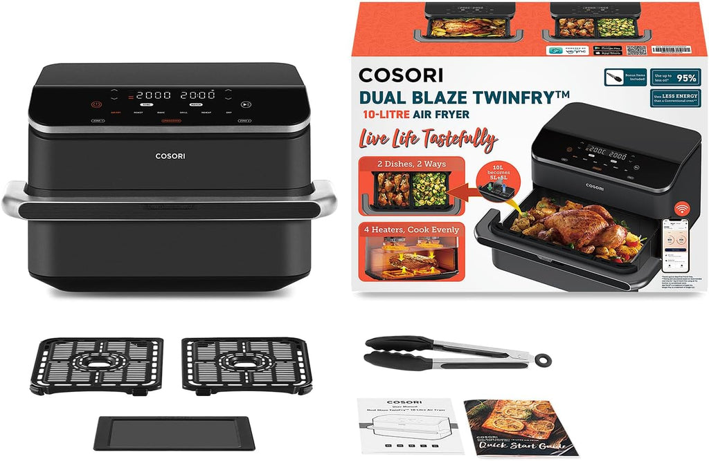 2026 COSORI Air Fryer 10L Twinfry,Dual Zone Avec S&eacute;parateur Amovible,Capacit&eacute; Flexible de 10L,Friteuse sans Huile 6-en-1,35℃-240℃,66% d'&Eacute;nergie en Moins,Livre de Recettes et Application