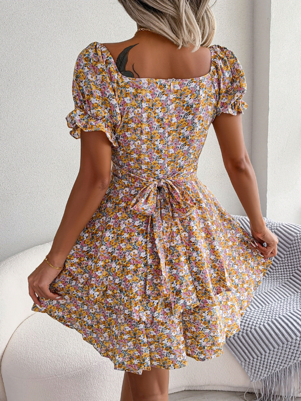 Robe fleuri mini taille haute évasé été décontracté pour femme