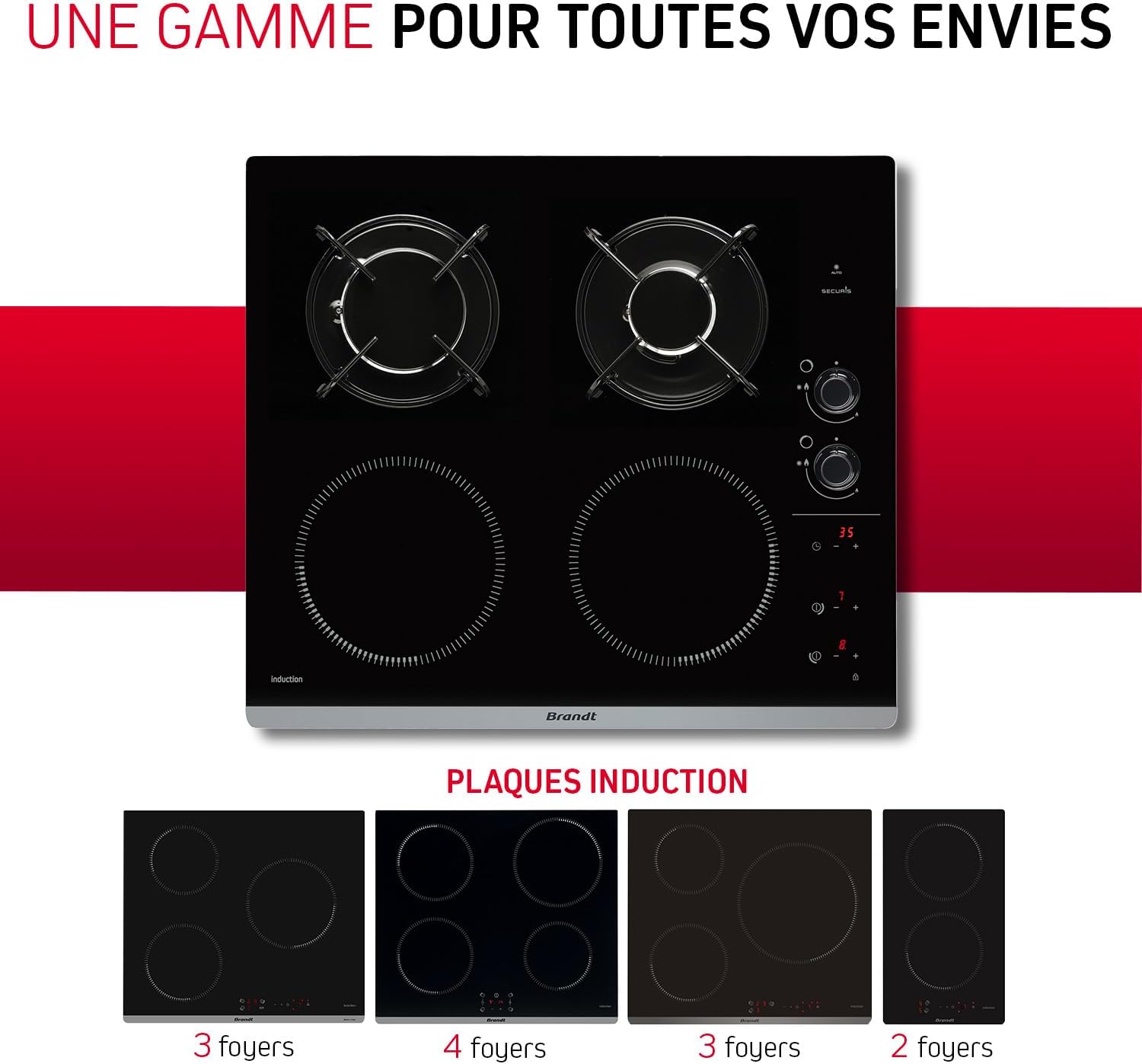2026 2025 Brandt BPI6413BM – Table de Cuisson Mixte Induction & Gaz, 4 Foyers, 9 Niveaux, Édition Limitée