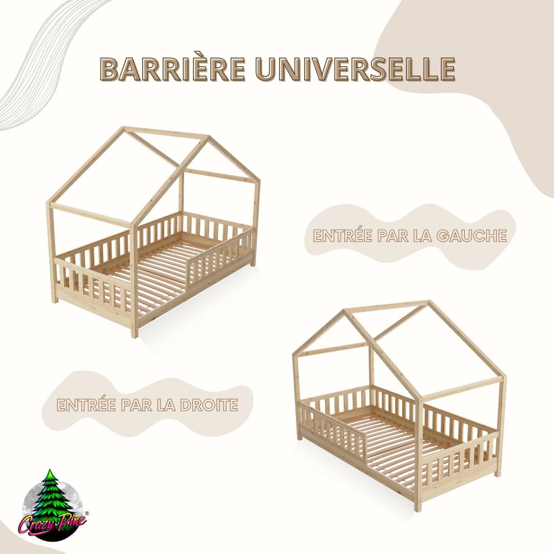 2026 Lit cabane Crazy Pine Crazy House avec tiroirs 190 x 90 cm &ndash; Lit enfant en bois naturel avec barri&egrave;re &ndash; Lit Montessori au sol avec rangement suppl&eacute;mentaire et barri&egrave;re amovible