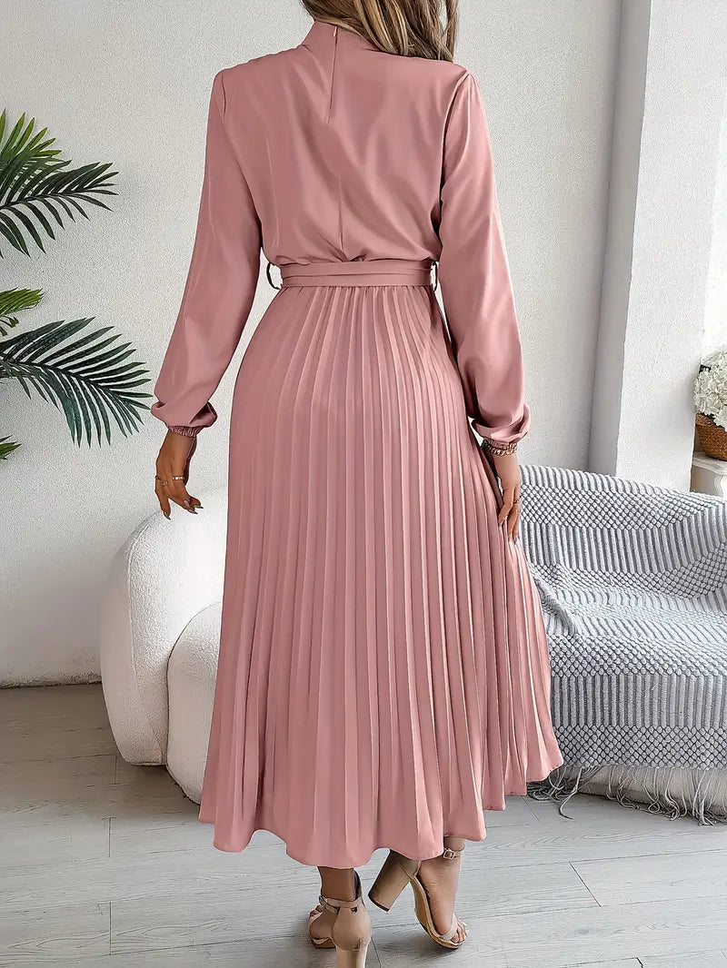 Robe haut de gamme plissé midi ceinturé manches longues pour femme