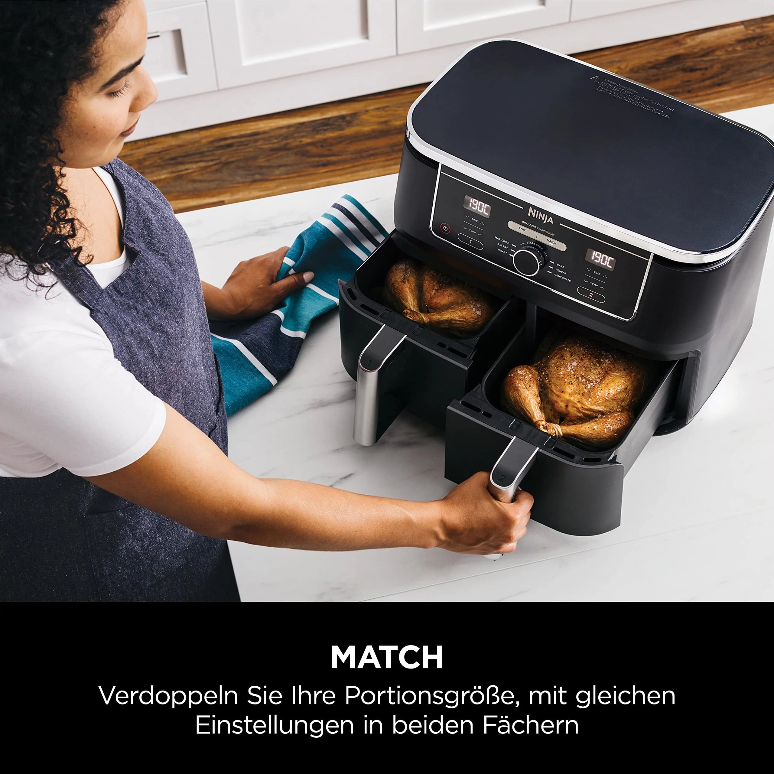 2026 Ninja Foodi MAX Dual Zone Digitale Heißluftfritteuse, 9,5L Airfryer, 2 Fächer, Antihaftbeschichtung, spülmaschinenfeste Körbe, 6-in-1, 8 Portionen, Schwarz AF400EU