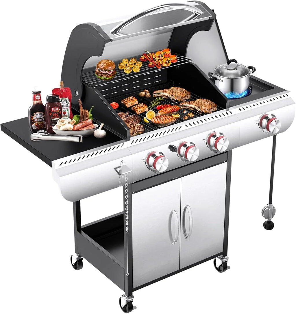 2026 R.W.FLAME 3 & 4-Brenner Propan-Gasgrills mit Seitenbrennern, für Outdoor-Kochen, BBQ, Terrasse, Camping