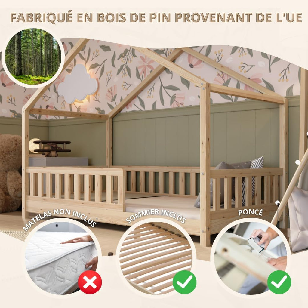 2026 Lit cabane Crazy Pine Crazy House avec tiroirs 190 x 90 cm &ndash; Lit enfant en bois naturel avec barri&egrave;re &ndash; Lit Montessori au sol avec rangement suppl&eacute;mentaire et barri&egrave;re amovible