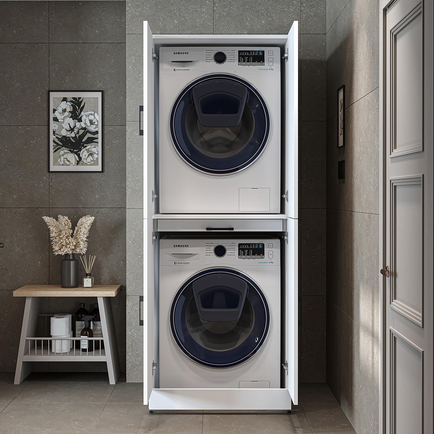 2026 ROOMART Dora Armoire de machine à laver, pour sèche-linge et machine à laver, en 4 couleurs, avec portes et planche coulissante (chêne anthracite)