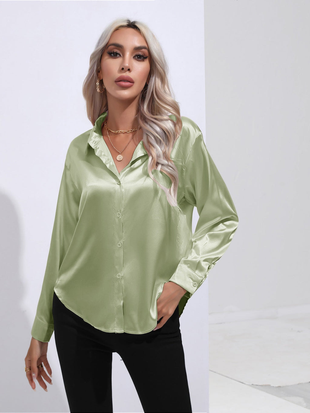 Women's Premium Satin Solid Color Button Front Lapel Blouse Shirt - LAKD London