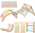 2026 Dreieck-Set mit Kissen, 5-in-1 Montessori-Kletterset, faltbar, Kletter-Indoor-Spielplatz-Set für Kleinkinder, Holz-Kletterspielzeug mit Rampe und Kletterbogen für Kinder (Holzfarbe)