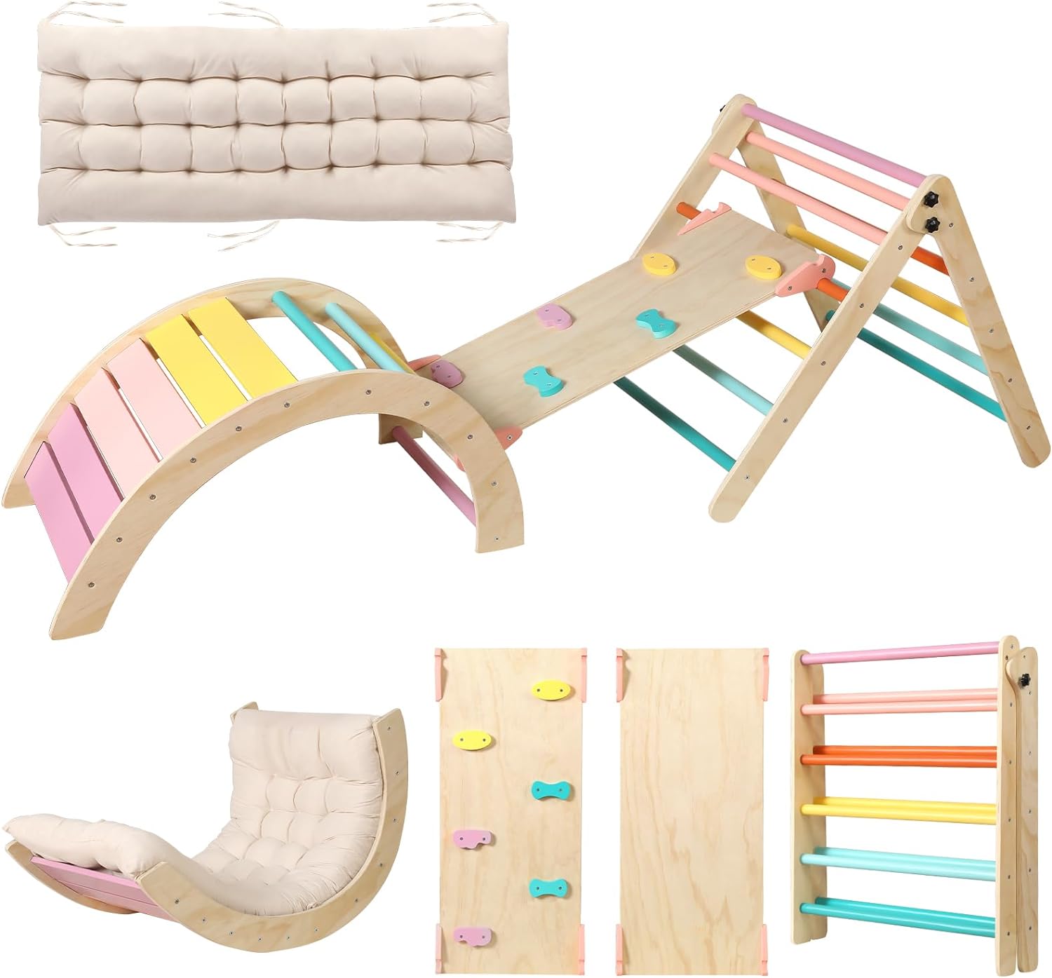 2026 Dreieck-Set mit Kissen, 5-in-1 Montessori-Kletterset, faltbar, Kletter-Indoor-Spielplatz-Set für Kleinkinder, Holz-Kletterspielzeug mit Rampe und Kletterbogen für Kinder (Holzfarbe)