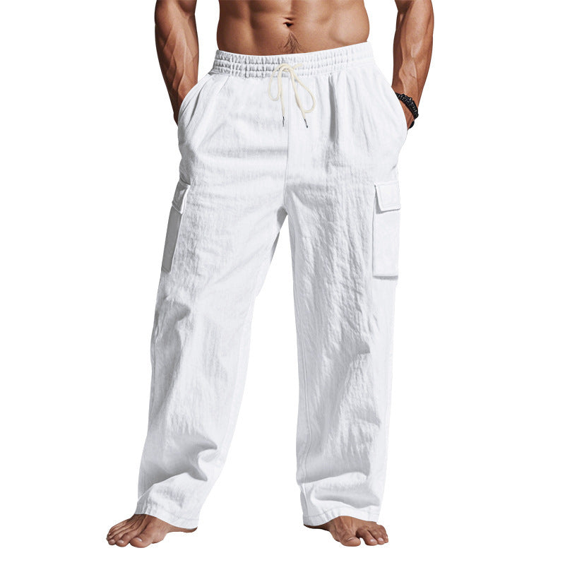 Men's Multi-Pocket Linen Cargo Trousers Straight Leg Casual Wear - LAKD London