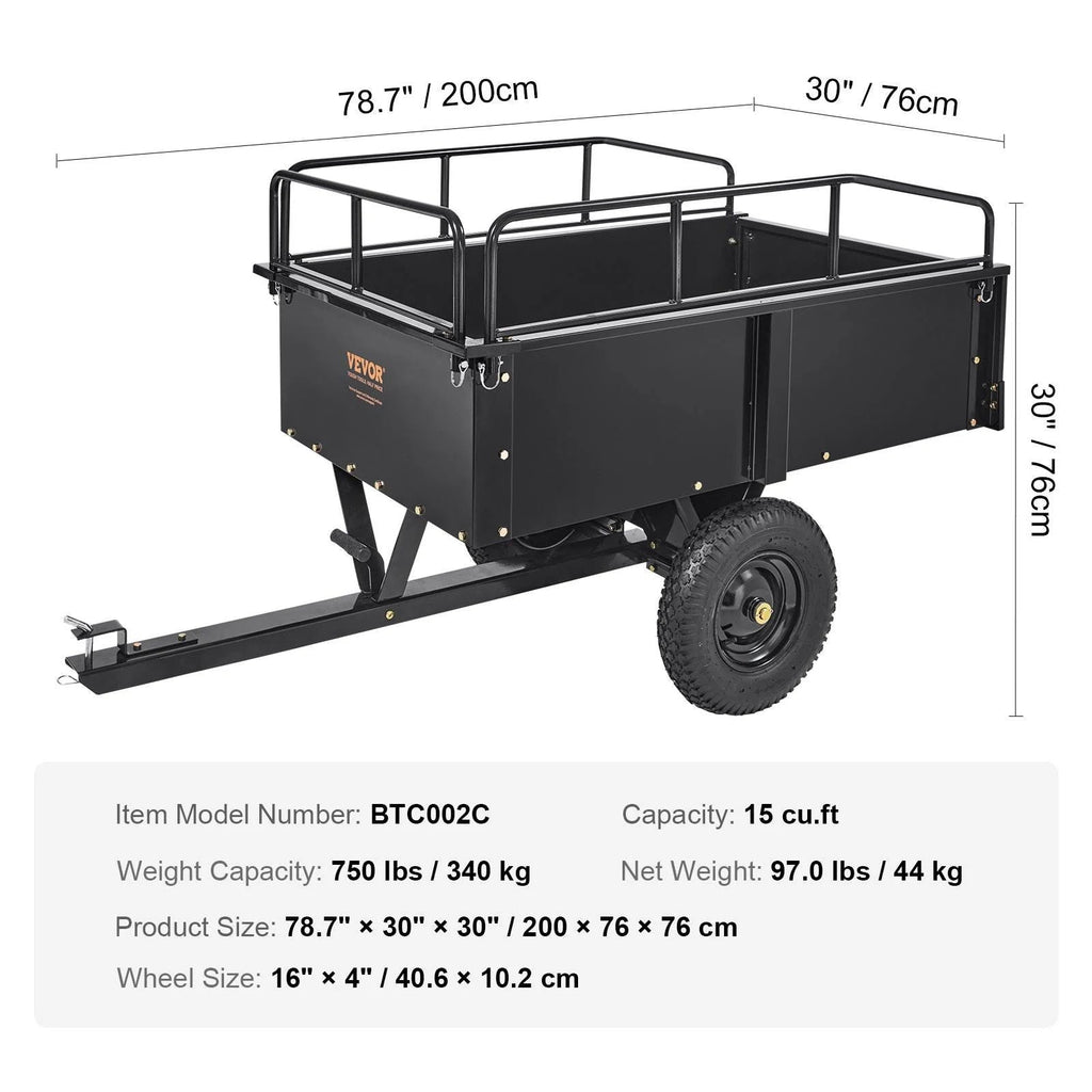2026 VEVOR Hochleistungs-ATV-Anhänger, Kippwagen aus Stahl, 750 Pfund, 15 Kubikfuß, Gartenanhänger mit abnehmbaren Seitenwänden zum Fahren, L – MadeInUSA