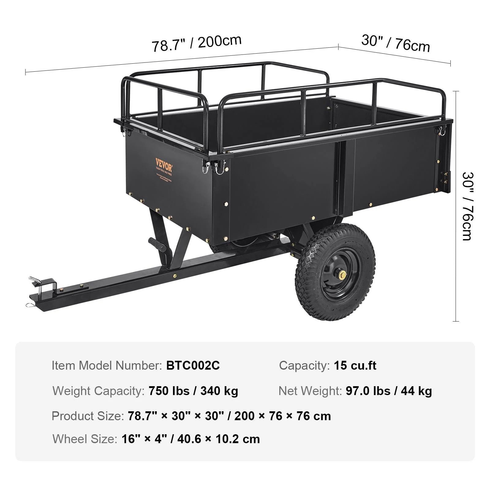 2026 VEVOR Hochleistungs-ATV-Anhänger, Kippwagen aus Stahl, 750 Pfund, 15 Kubikfuß, Gartenanhänger mit abnehmbaren Seitenwänden zum Fahren, L – MadeInUSA