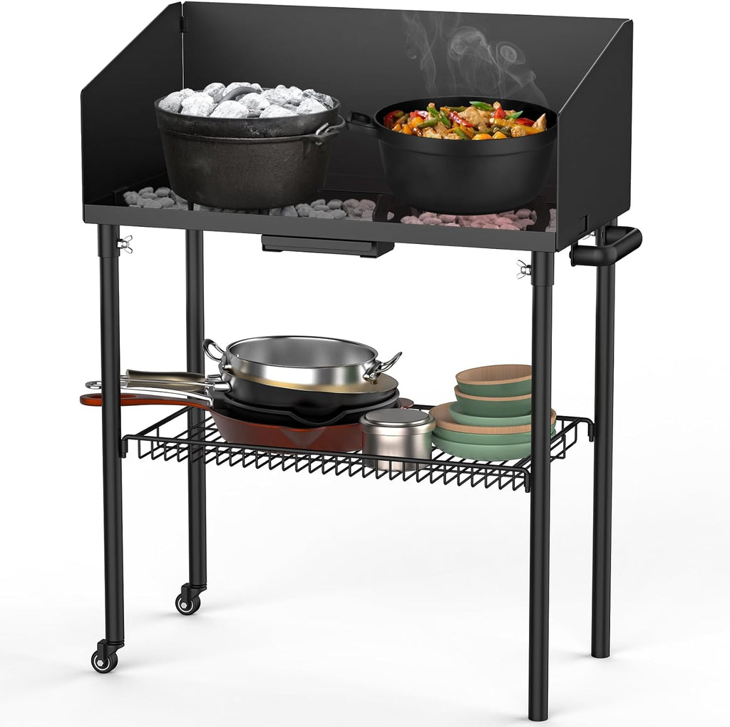 2026 Kochtisch für Outdoor-Camping für Dutch Oven und Lebensmittelzubereitung, zusammenklappbarer Grilltisch, Camping-Küchenstation mit seitlichem Windschutz und Aufbewahrungskorb für Grillen im Garten, Picknick, Wohnmobil