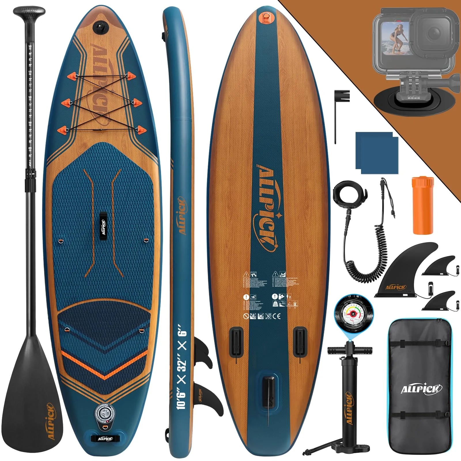 2026 ALLPICK Premium SUP Board Set, Stand Up Paddling Board Aufblasbar, Mit Universal Kamerahalterung, Komplettes Zubehör, Verstellbares Paddel, Anfänger und Fortgeschrittene, 180kg Marineblau