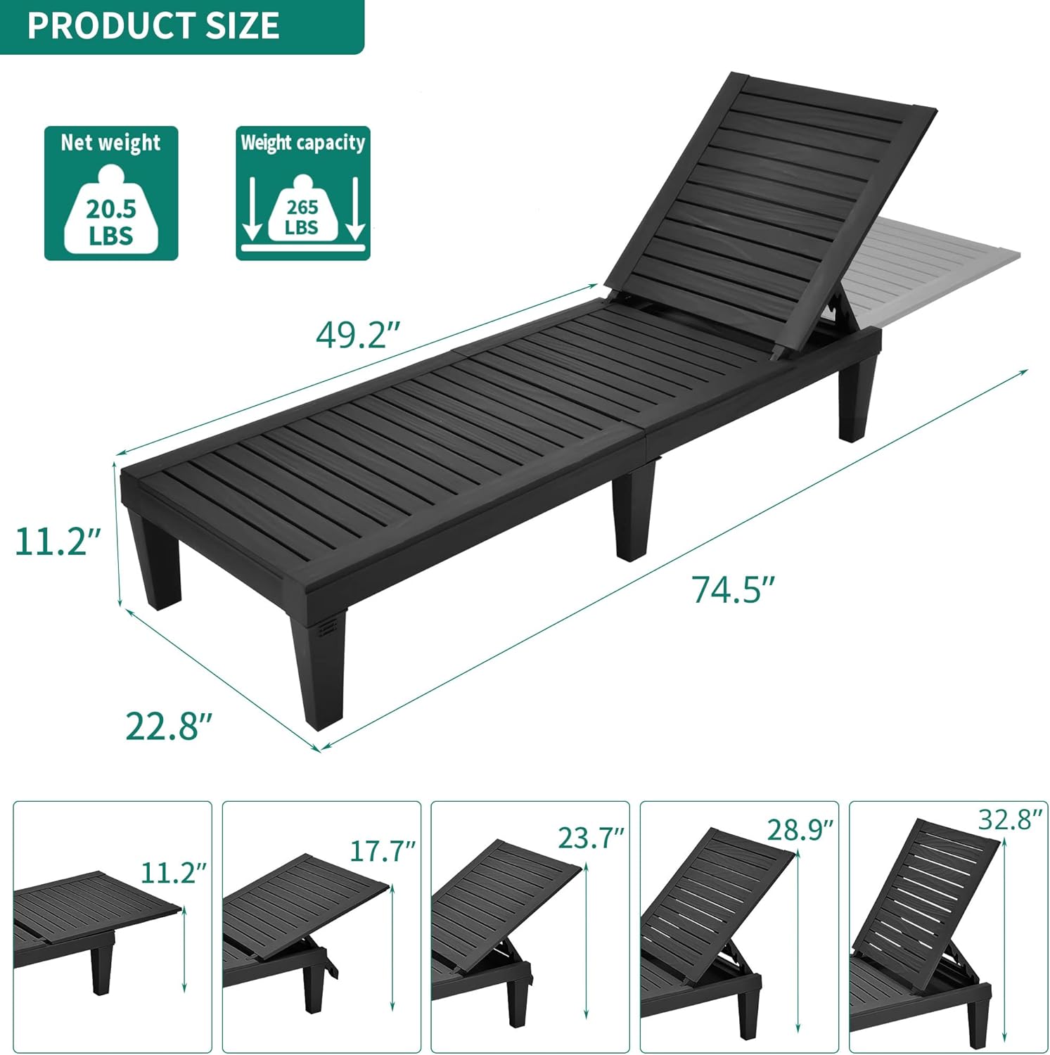 2026 Chaiselongue-Stühle für den Außenbereich, 4er-Set mit verstellbarer Rückenlehne, stabile Liegen für Terrasse und Poolrand, einfache Montage, wasserdicht und leicht mit einer Tragfähigkeit von 120 kg, schwarz