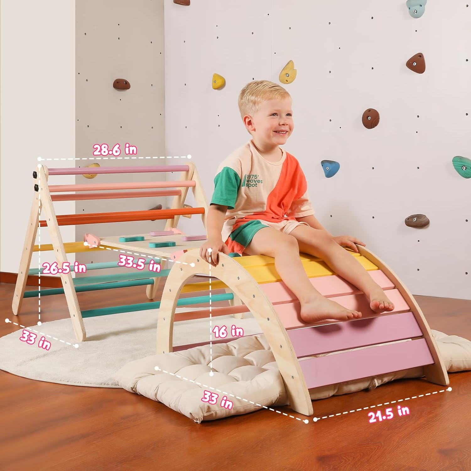 2026 Dreieck-Set mit Kissen, 5-in-1 Montessori-Kletterset, faltbar, Kletter-Indoor-Spielplatz-Set für Kleinkinder, Holz-Kletterspielzeug mit Rampe und Kletterbogen für Kinder (Holzfarbe)