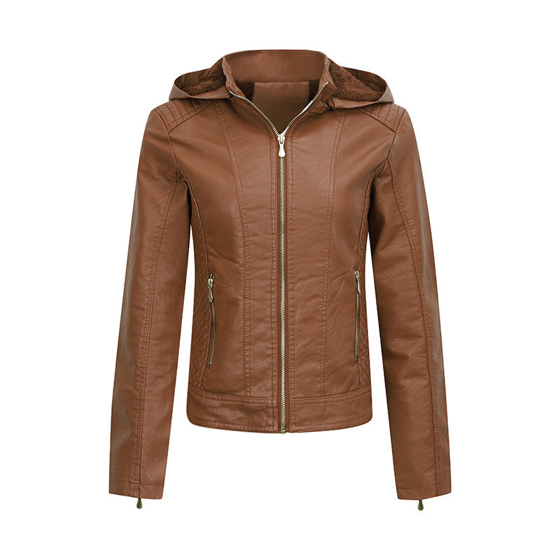 Veste peluche à capuche en cuir coupe ajustée hiver chaud pour femme