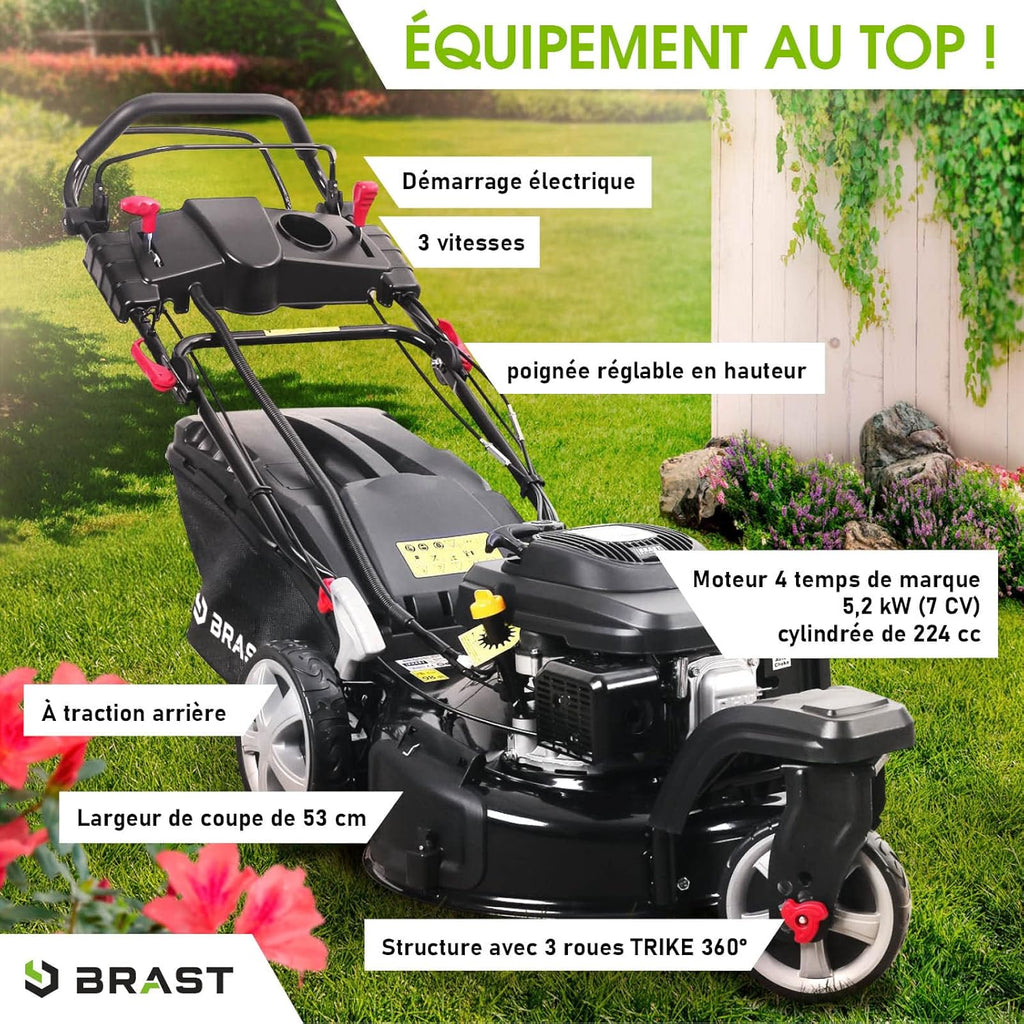 2026 BRAST tondeuse thermique 3 roues TRIKE E-START 224cc 53cm tractée démarrage électrique mulching 4en1 capot en tôle en acier 60l - moteur 4 temps de la marque française GT reglable