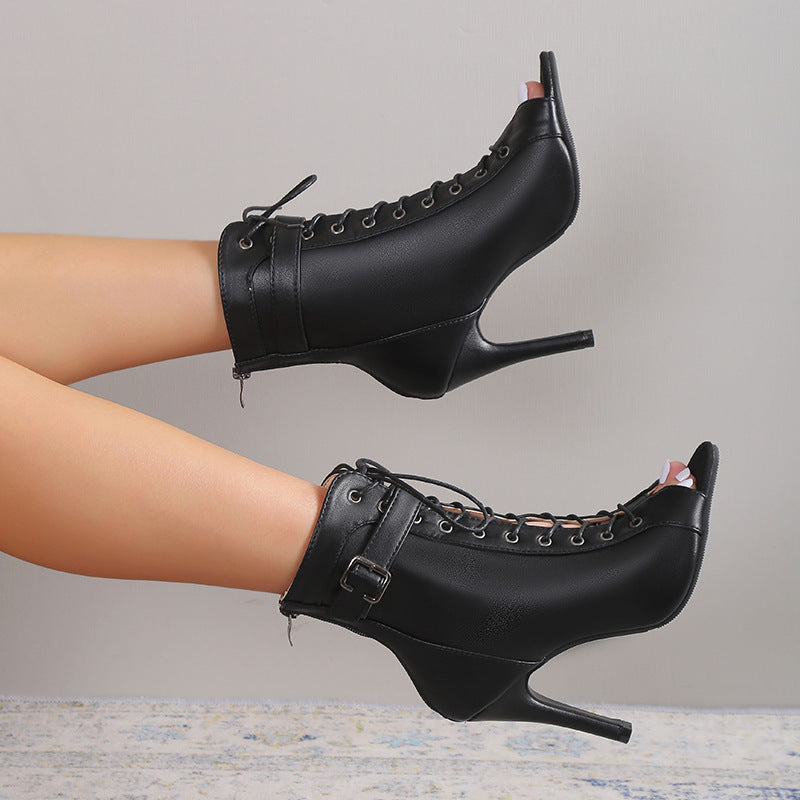 Sandales à lacets talon haut bout ouvert zippé pour femme