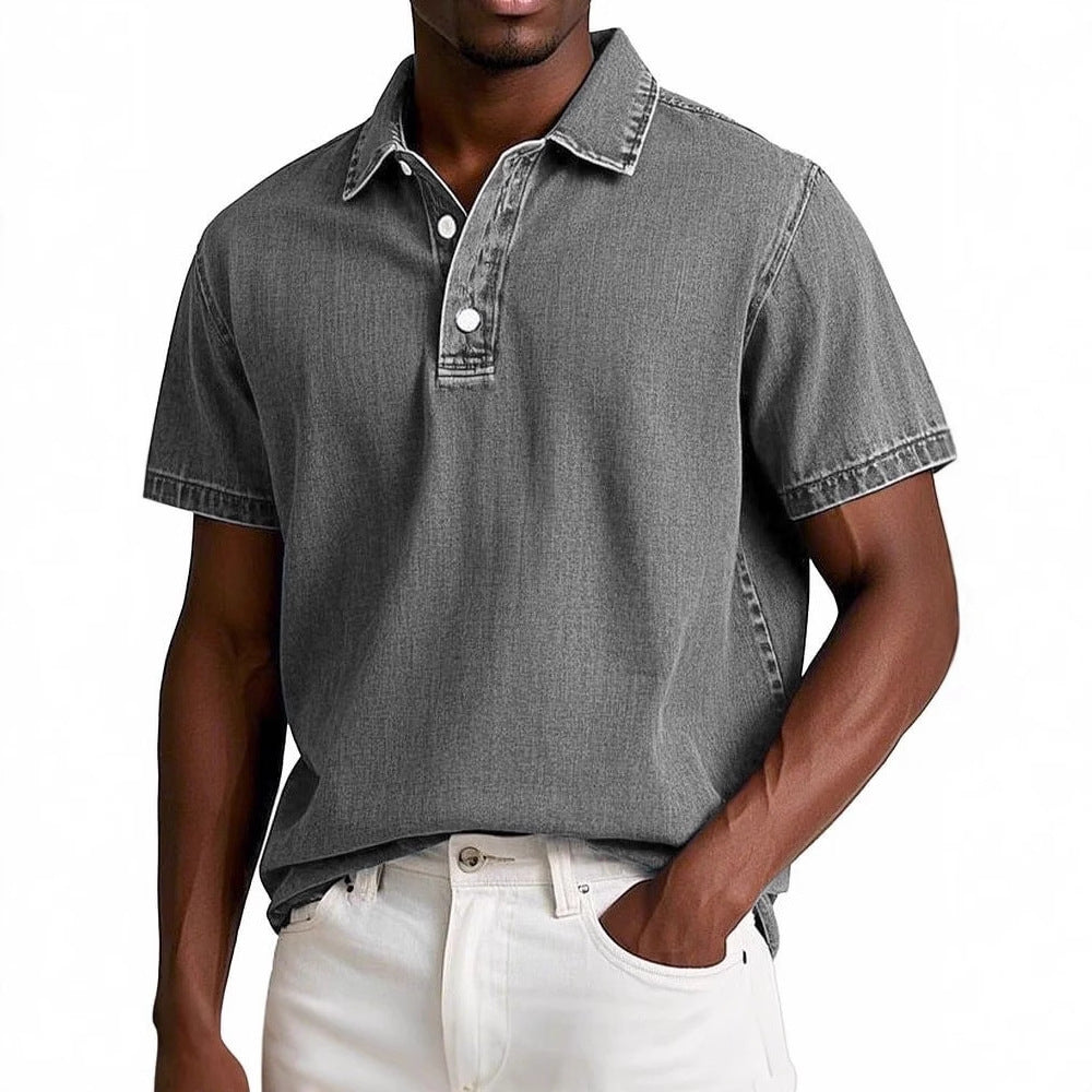 Polo couleur unie vintage manches courtes à revers décontracté pour homme