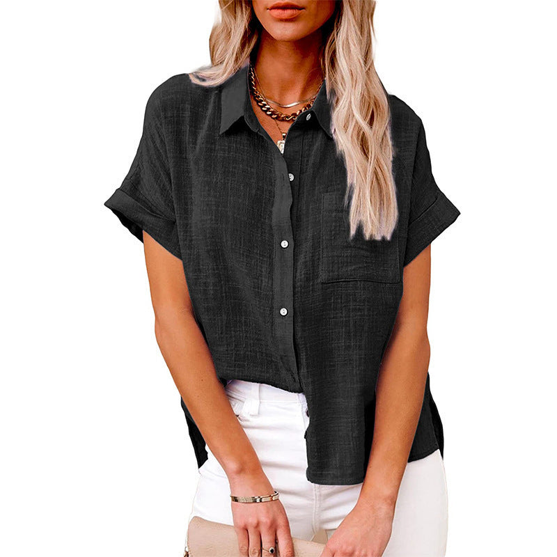Women's Summer Cotton Short Sleeve Linen Lapel Button Shirt - LAKD London