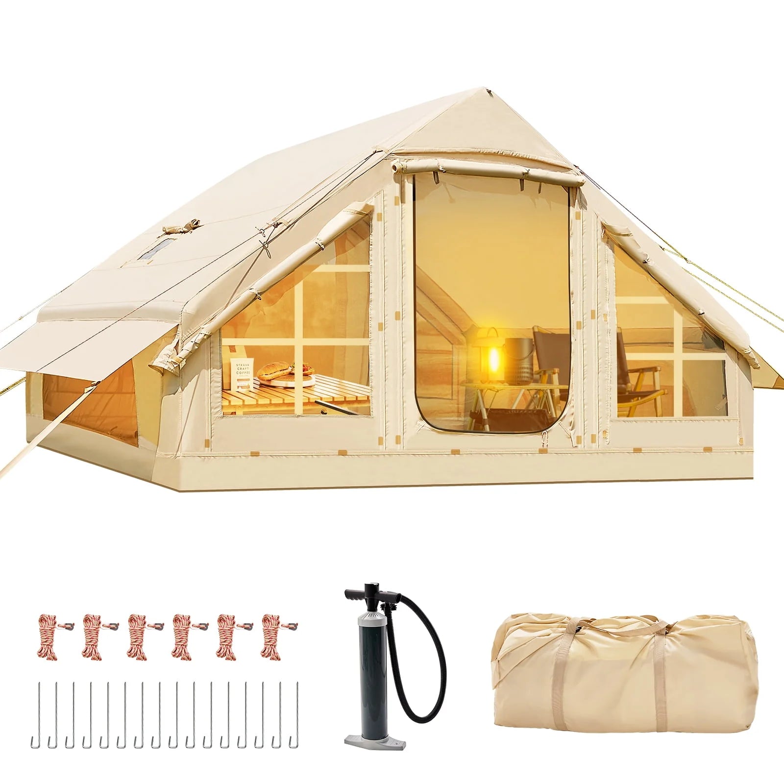 2026 Tenda da campeggio gonfiabile per 6 persone con pompa,tenda familiare Glamping di 10 piedi x 7 piedi Facile installazione 4 stagioni impermeabile antivento all'aperto Blow Up Tent Cabina Oxford di lusso con finestre e porte a rete -