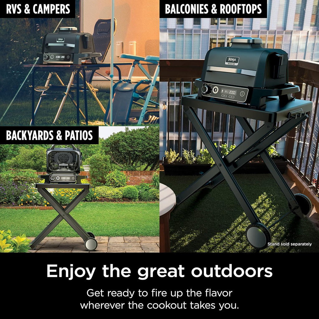 2026 Ninja Woodfire Pro Gril et fumoir 7 en 1 avec thermomètre, friteuse à air, barbecue, pâtisserie, grillades, grillades, barbecue électrique portable pour extérieur, gris