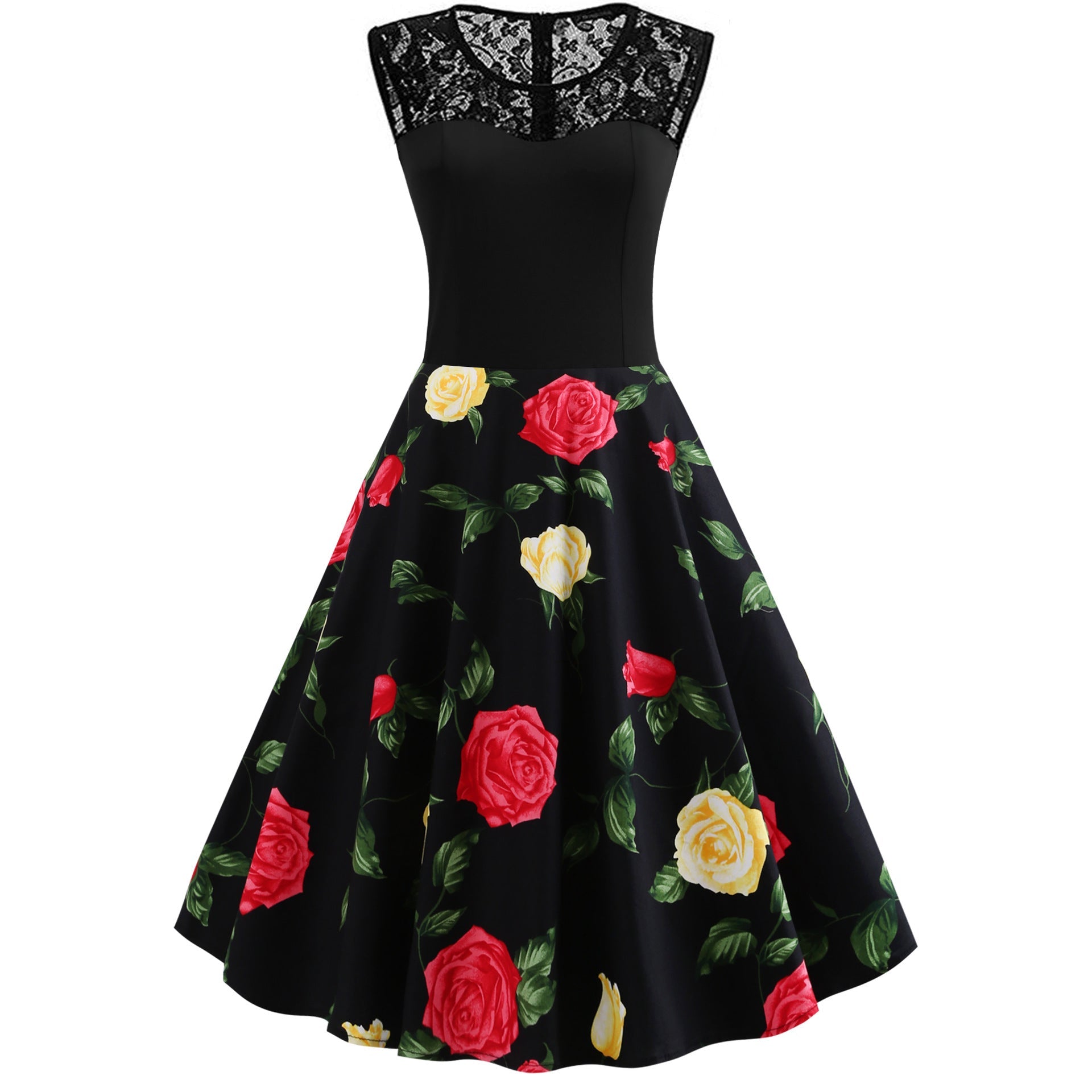 Women's Sleeveless Floral Retro Dress Lace Stitching Mid Length Cotton - LAKD London