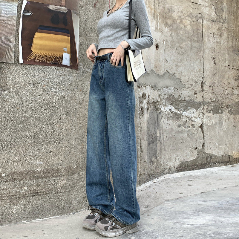 Jean rétro taille haute ample baggy droit en denim pour femme