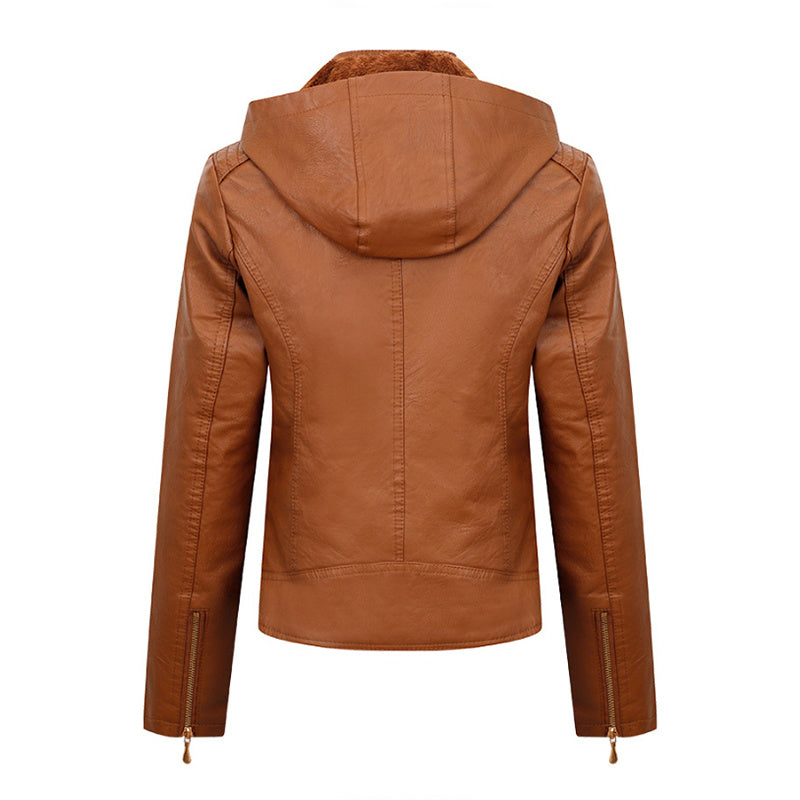 Veste peluche à capuche en cuir coupe ajustée hiver chaud pour femme