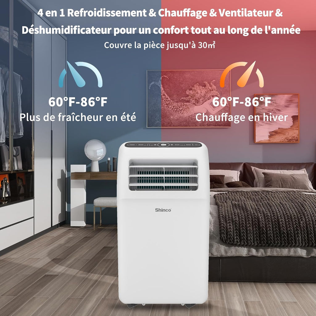 2026 SHINCO Climatiseur mobile, 7000 BTU 2,05kW, Refroidir&Ventilation&Déshumidification, taille de la pièce jusqu'à 54m³(18㎡), Climatiseur mobile avec tuyau d'évacuation et tuyau de vidange, mode sommeil