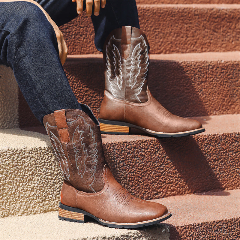 Bottes style western en denim brodé en cuir tendance confortable pour homme