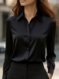 Chemisier tailleur satin à revers manches longues habillé bureau pour femme