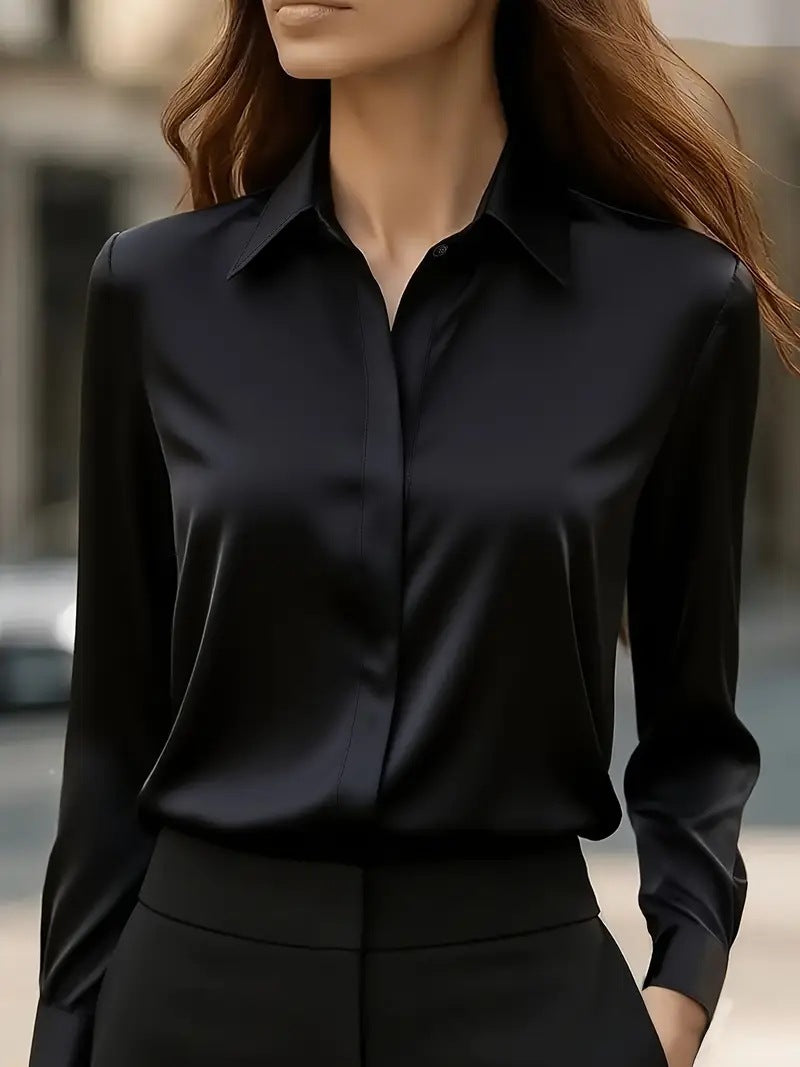 Chemisier tailleur satin à revers manches longues habillé bureau pour femme