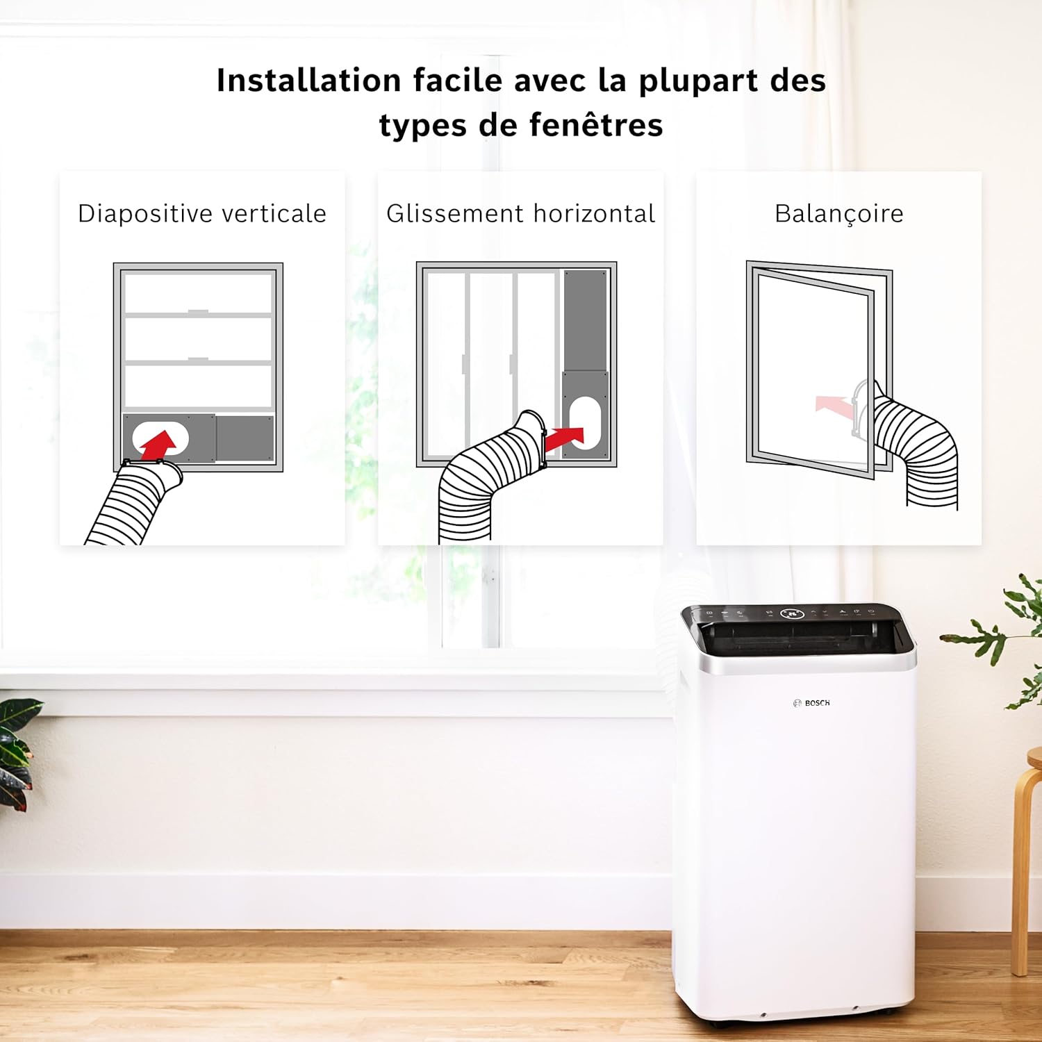 2026 Bosch Cool 4000 Portable AC - 3 en 1 : Climatiseur, Déshumidificateur, Ventilateur - 2,6 kW pour les pièces jusqu'à 35m² - Avec Mode Auto, Mode Silencieux et Mode Veille (48 db (A)) [Classe A+]