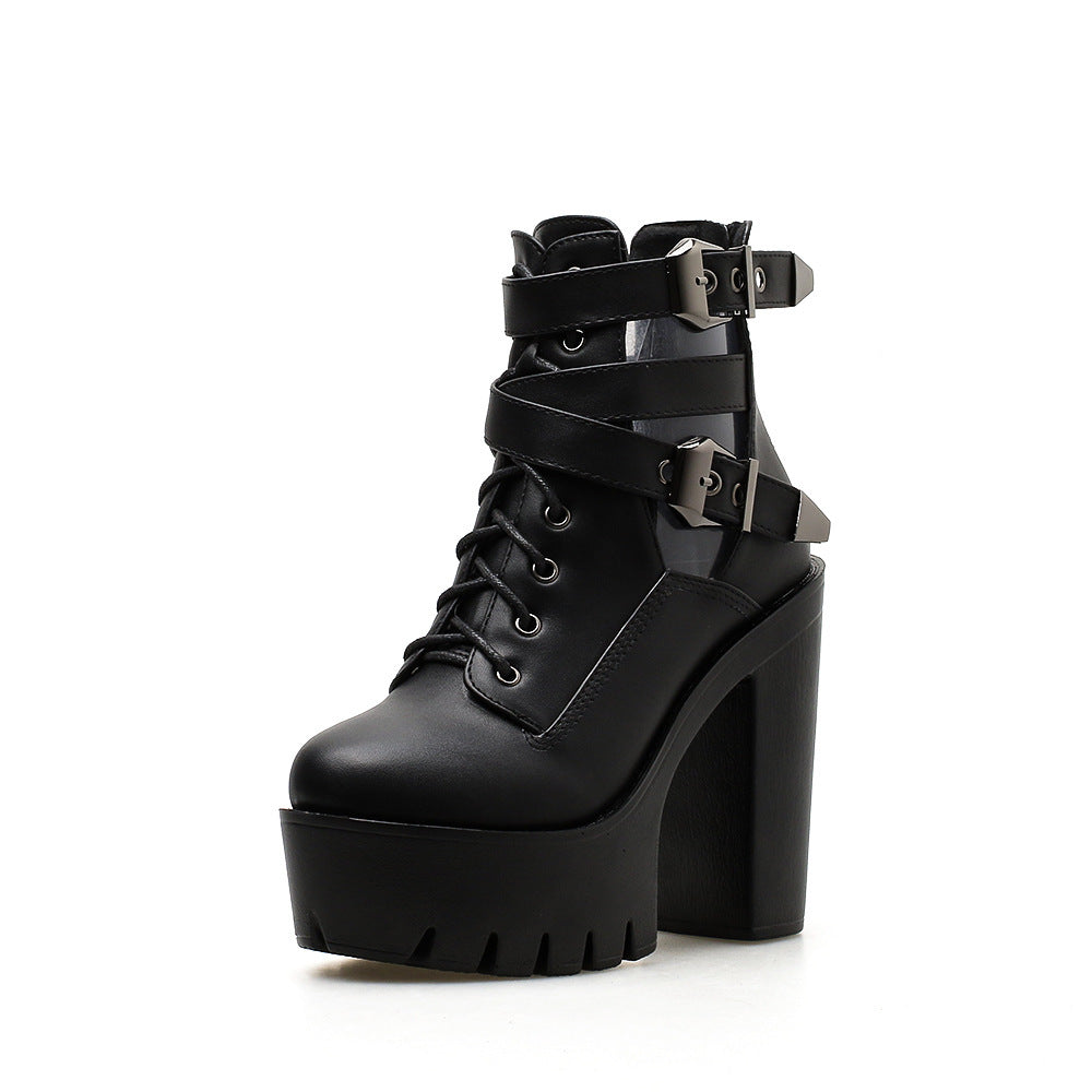 Womens High-heeled ankle boot with belt buckle Platform Shoes - LAKD London