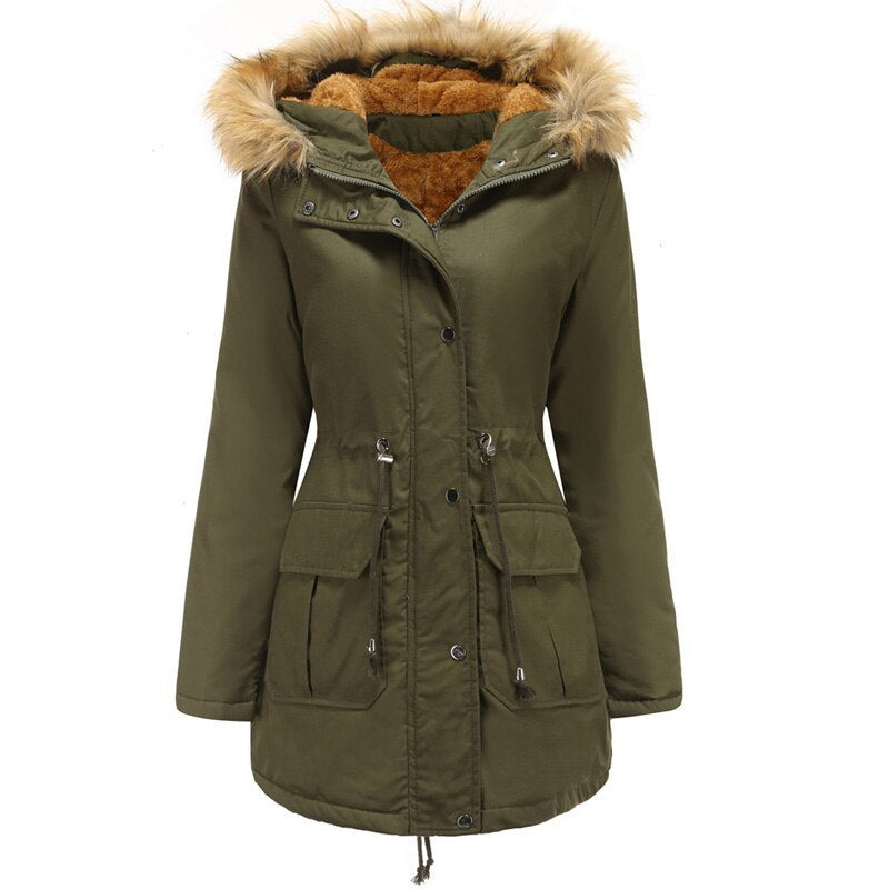 Veste à capuche col en fourrure en velours doublé medium hiver pour femme