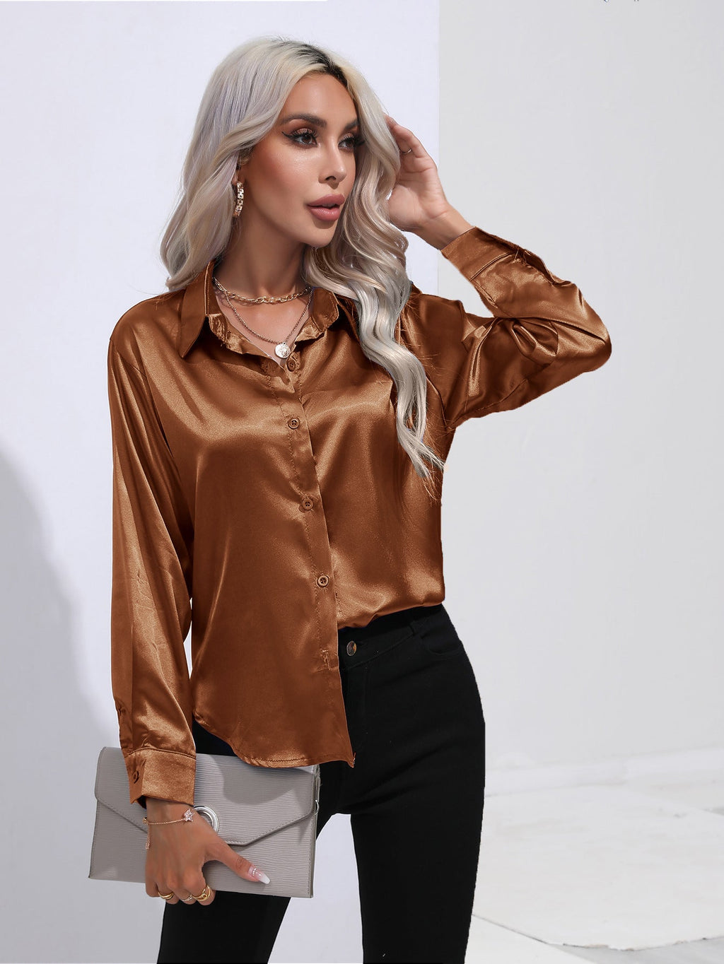 Women's Premium Satin Solid Color Button Front Lapel Blouse Shirt - LAKD London